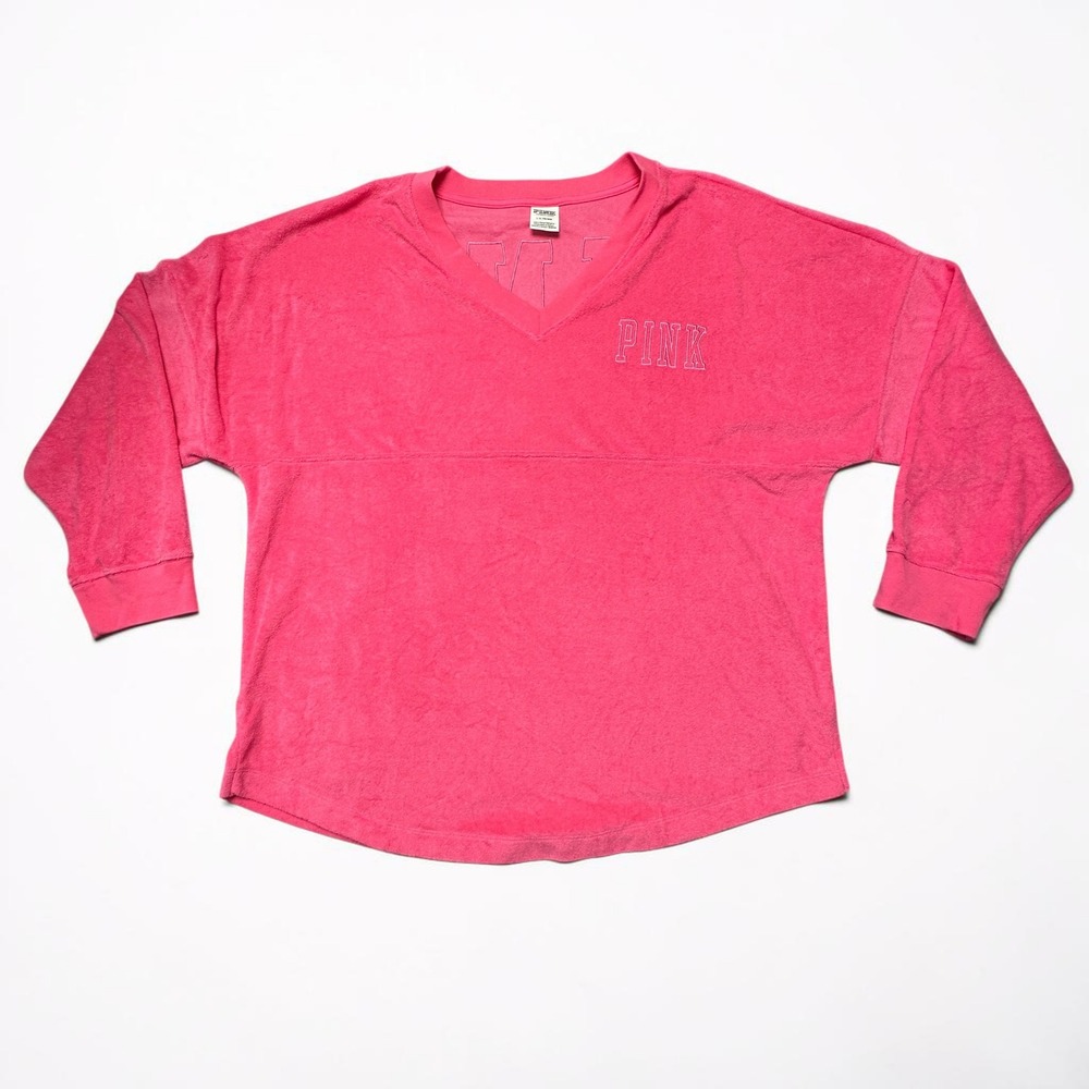 PINK Victoria's‎ Secret Terry Cloth Spirit Jersey Women L Pink V-Neck Oversized - Picture 2 of 9